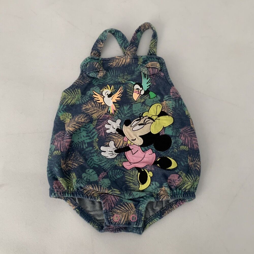 Disney Baby Romper Girls 9-12 Months Minnie Mouse Tropical Leaves Birds Blue